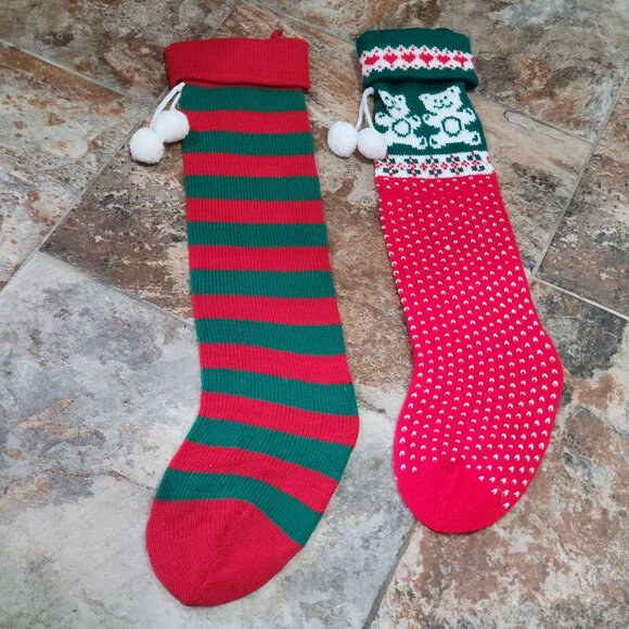 Knitted Christmas Stockings Teddy Bears Hearts Striped Pattern Set of 2 Large S - Picture 7 of 9